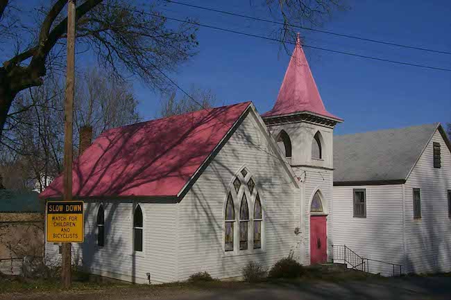 Bonnots Mill and the Pink Roof of the Church