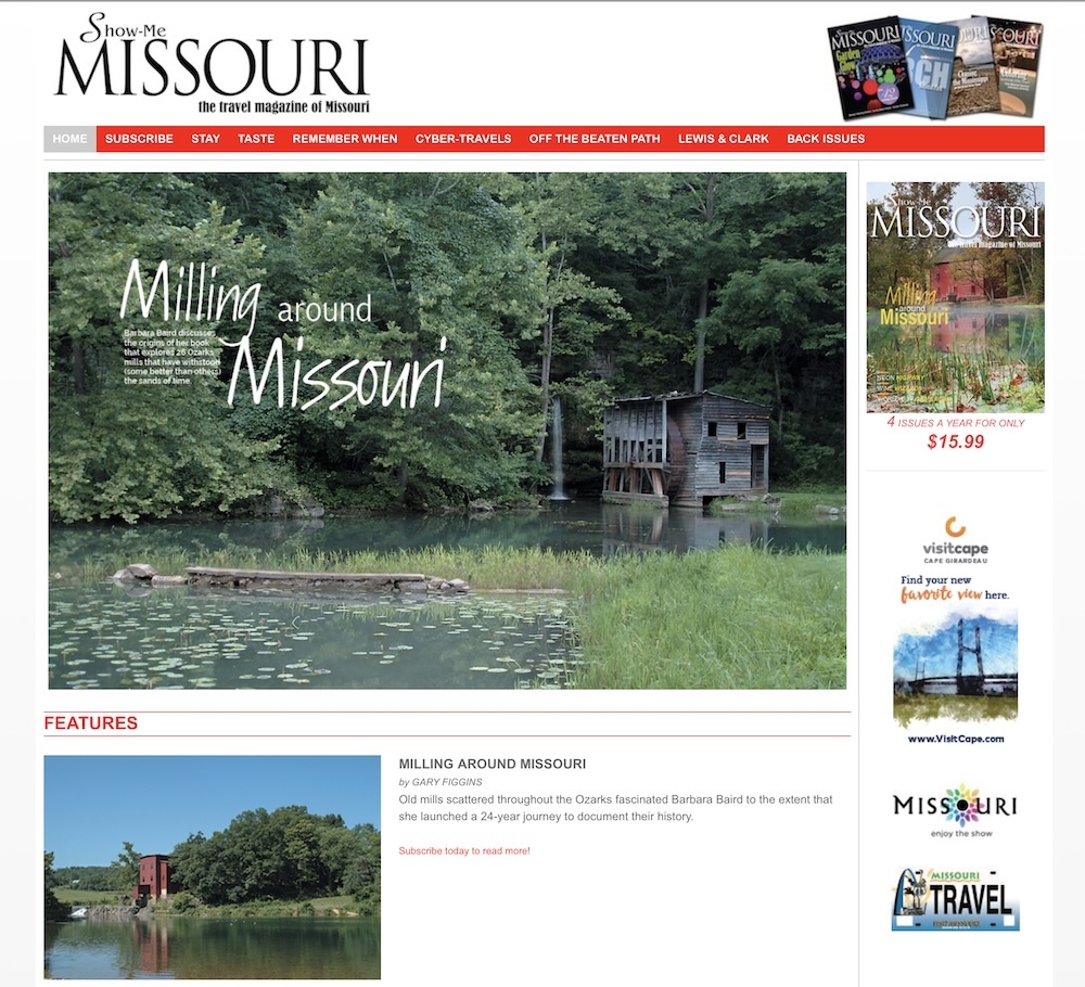 A snapshot of article on Milling Around book in Show Me Missouri magazine
